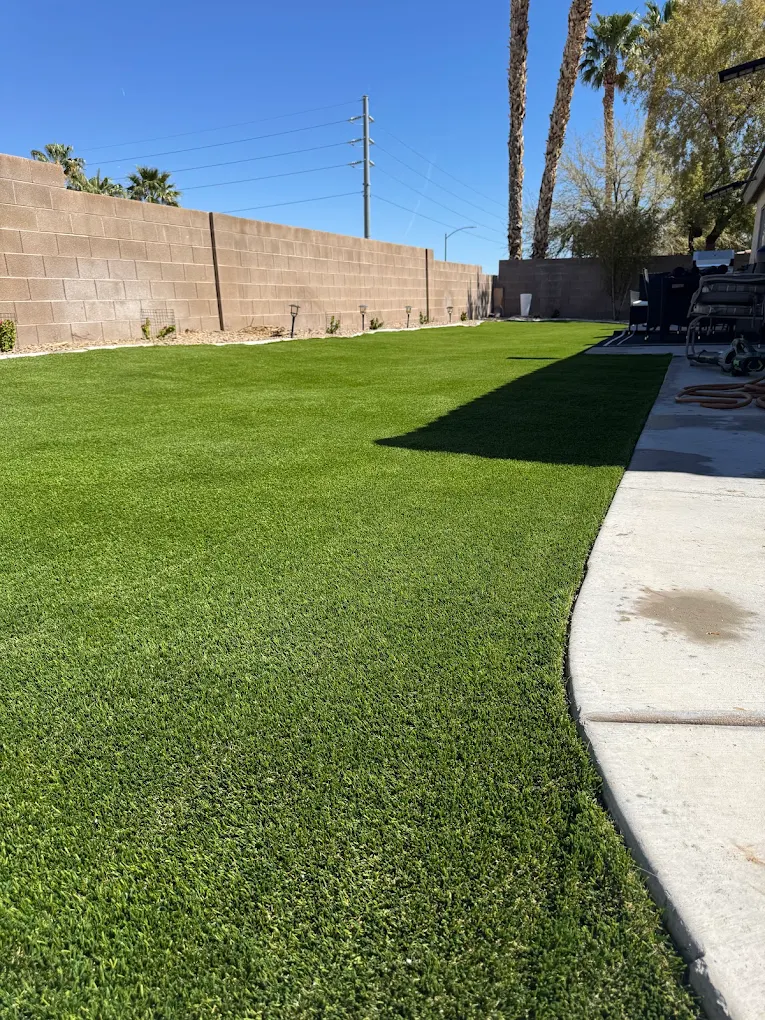 Artificial turf backyard with palm trees in the Las Vegas Valley