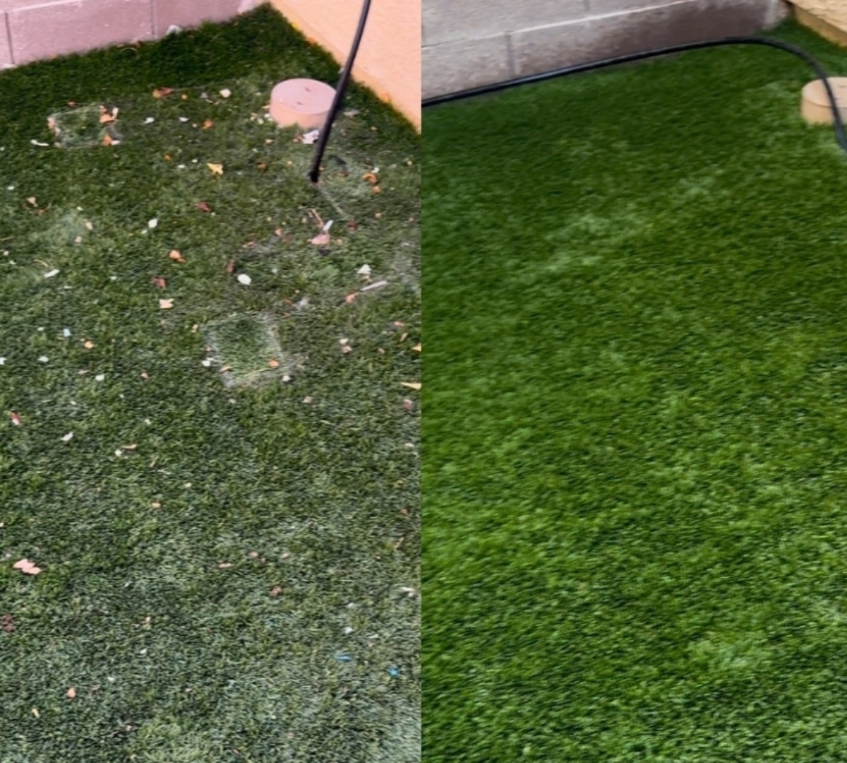 Before and after comparison of artificial turf cleaned with hose showing mineral deposit removal