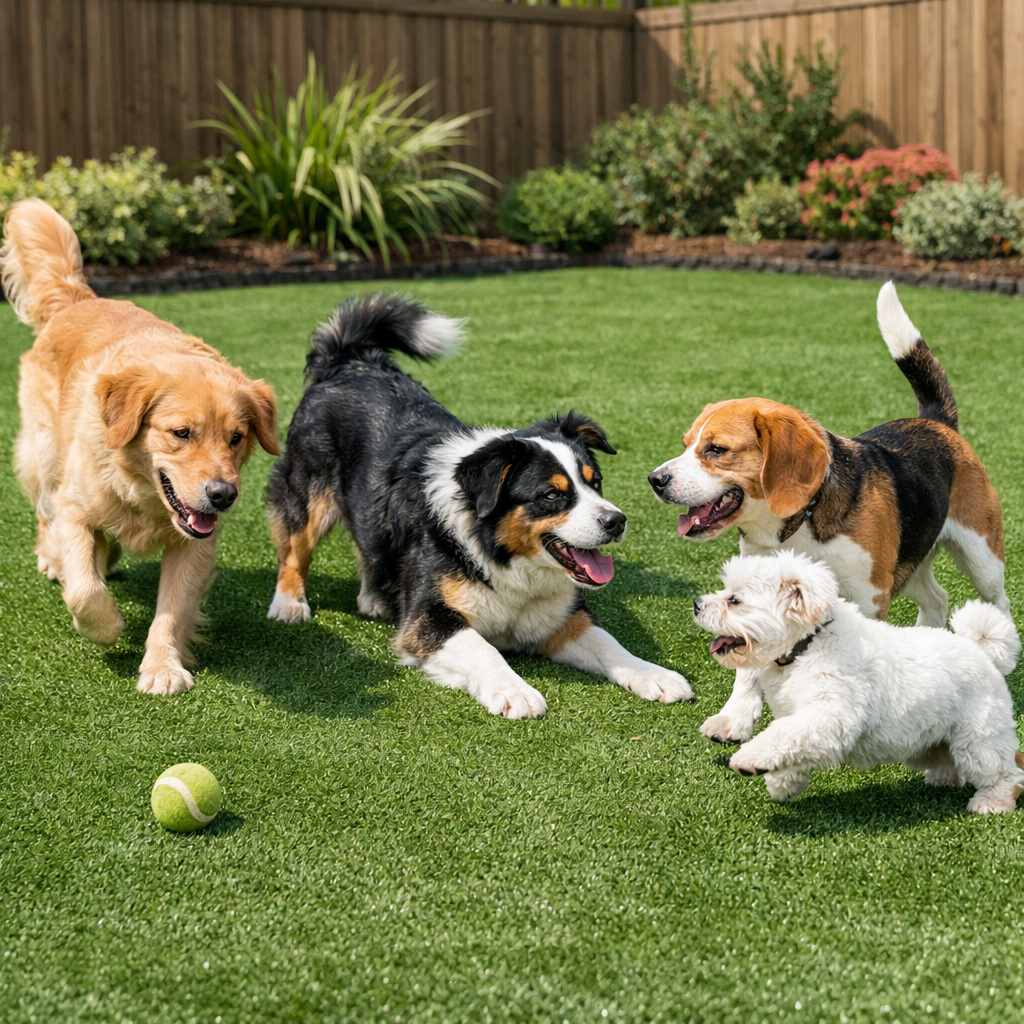 Puppies playing safely on artificial turf in a Las Vegas backyard