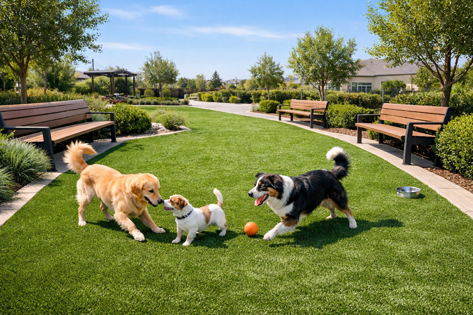 Multiple dogs playing together on artificial turf at a Las Vegas park