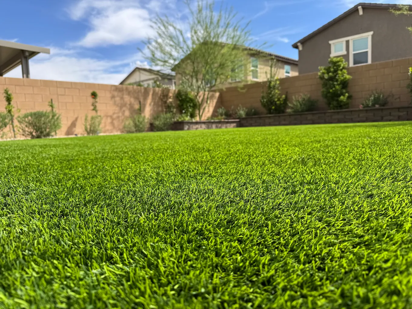 Close-up of professionally cleaned artificial turf in a Las Vegas backyard