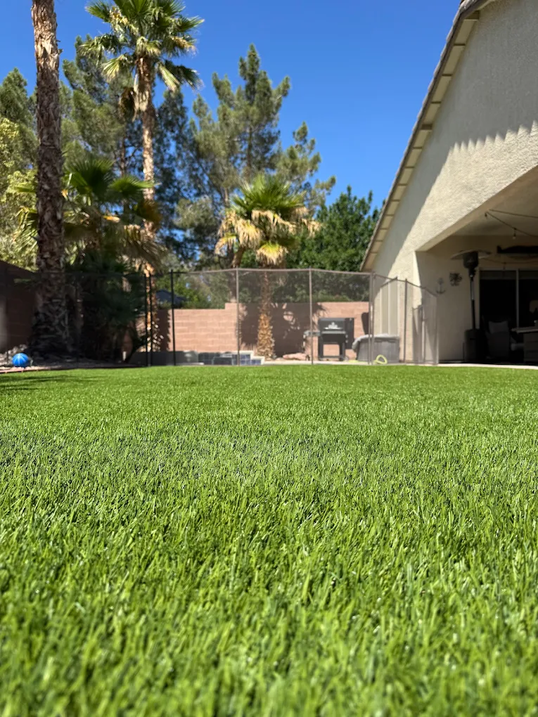 Close-up view of artificial turf fibers in a Las Vegas backyard showing blade texture and color